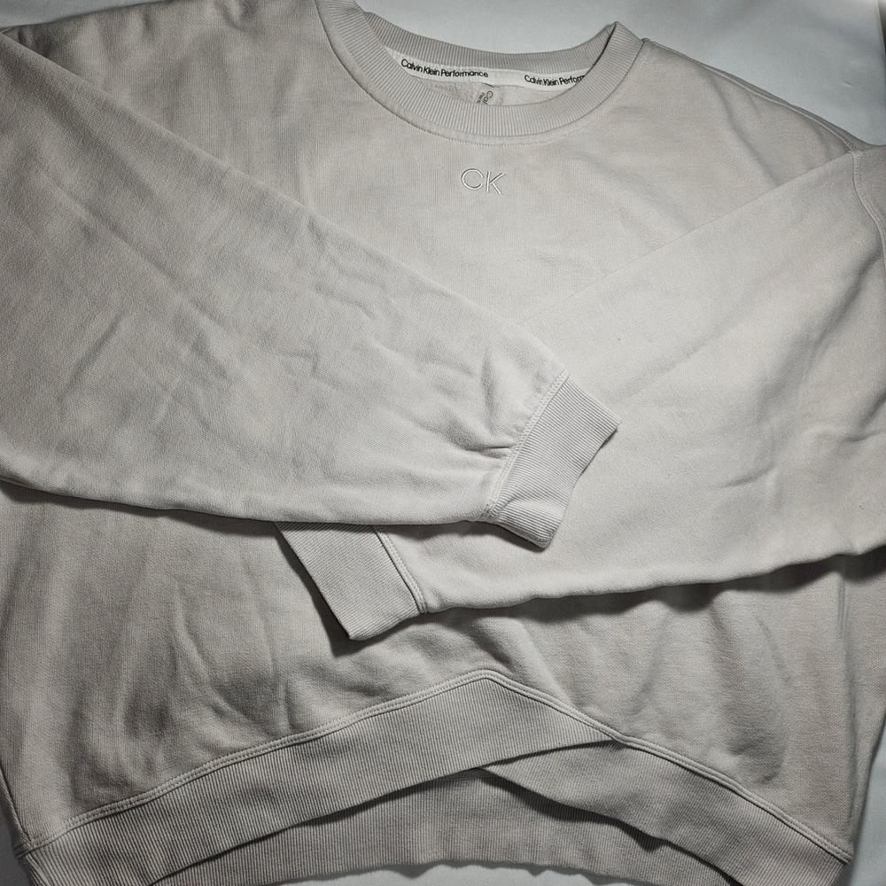 Calvin Klein Performance Womens XL Cream Fleece Sweatshirt Crossover Hem CK Logo